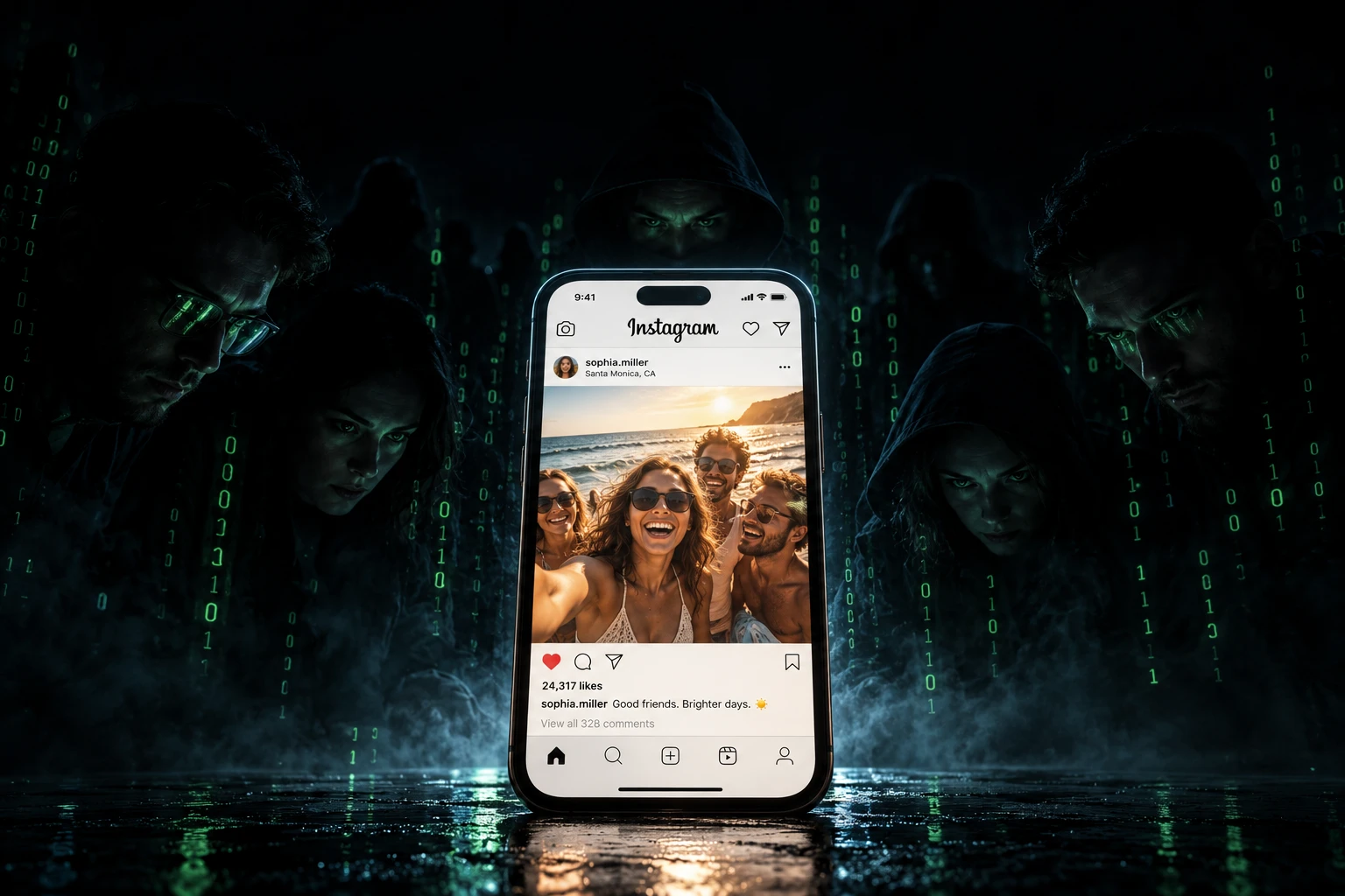 Een telefoon met een vrolijke Instagram-post, omringd door meekijkende figuren in de schaduw en groene binaire cijfers.
